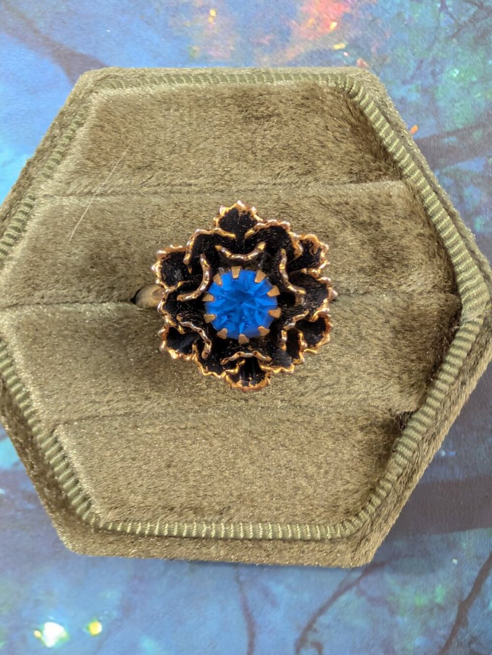 Vintage Antique Gold Tone 3d Flower Ring with Blue Rhinestone Center, Adjustable